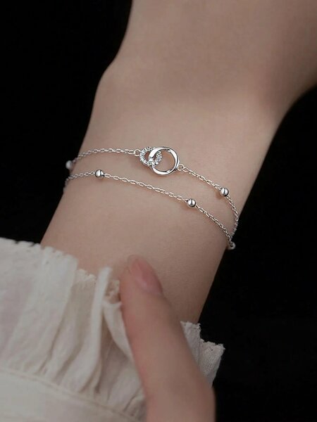 Shein - 1Pc High-End Elegant Double Layered Circle Linked Bracelet - Silver