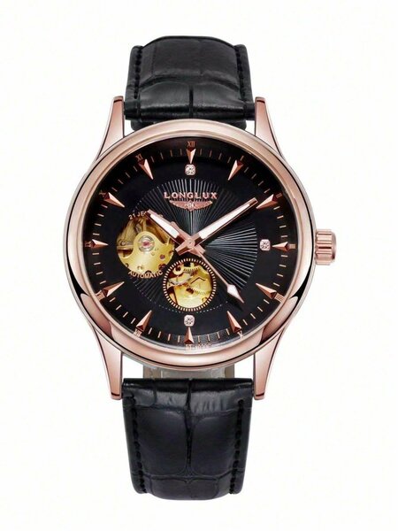 Shein - 1pc Men Hollow Automatic Mechanical Waterproof Leather Band Watch, Casual & Elegant