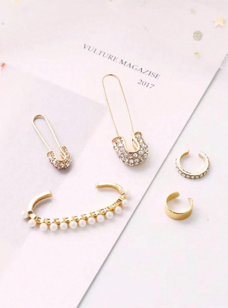 Shein - 5pcs/Set Retro Creative Rhinestone Metal Personality Pearl Earrings Set