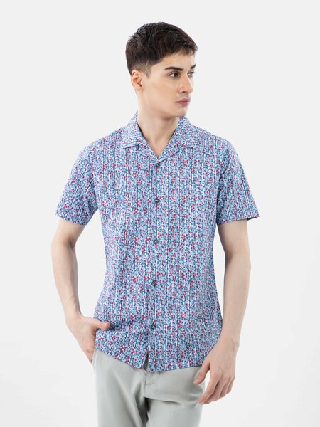 Brumano Mens RTW Solids Cotton Shirt Blue N Red Half Sleeve Cuban Collar Casual Collection