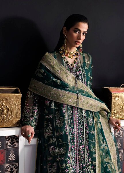 Marwa by Maryam Hussain Unstitched Embroidered Net 3 Piece Suit Zamurd - Wedding Collection