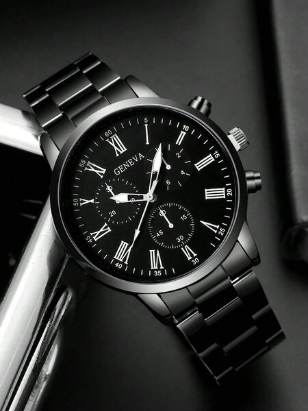 Shein - 2pcs/Set Fashionable Business Men's Round Black Steel Band Quartz Watch