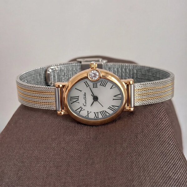 Shein - Vintage Oval Roman Numeral Dial, Silver & Gold Band Watch
