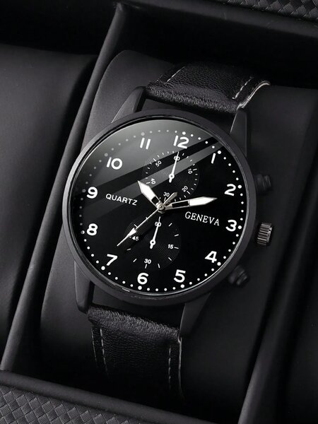 Shein - 1pc/4pcs Men's Casual Personalized Sports PU Leather Quartz Watch And Bullet Necklace Jewelry Set