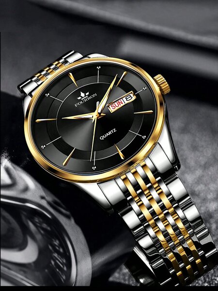 Shein - 1pc Men Two Tone Stainless Steel Strap Business Date Round Dial Quartz Watch, For Daily Life