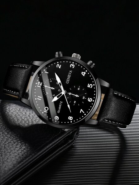 Shein - 2pcs/set Men's Fashionable Casual Numerical Scale Dial With Calendar Quartz Wristwatch And Leather Bracelet
