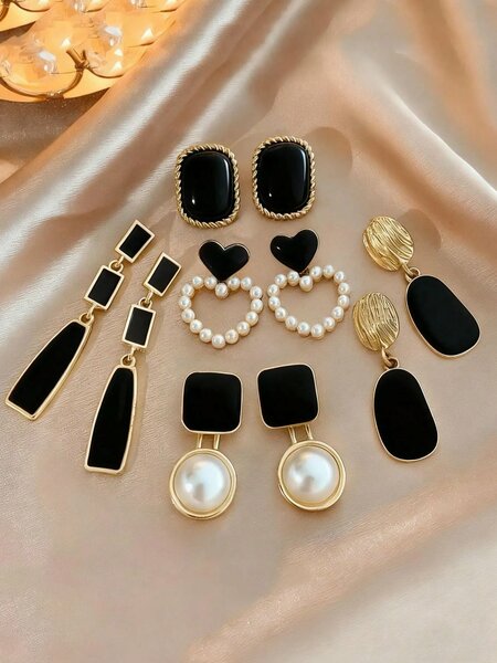 Shein - 5pcs/Set Fashionable Casual French Elegant Asymmetrical Geometric Black Drip Glaze Heart & Faux Pearl Earrings, Chic Minimalist Design, High-End Earring Set Suitable For Women's Daily And Holiday Wear