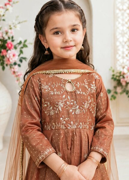 Modest Girls RTW Embroidered Cotton Lawn 3 Piece Suit Frock 11275-BRN Festive Collection