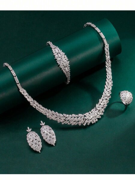 Shein - 5Pcs Tylionnejewelry Platinum Plated Cubic Zirconia Luxury Necklace, Bracelet, Earrings, Open Ring