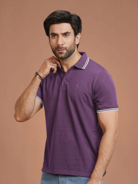 Purple Plain Contrast Tipping Half Sleeves Polo T-Shirt (POLO-1094)