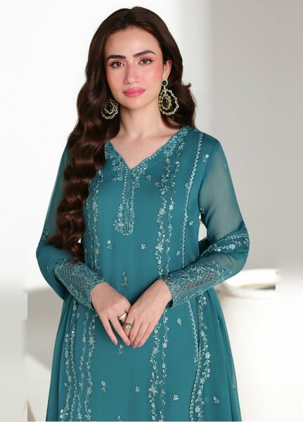 Ensembles by Azure Unstitched Embroidered Chiffon 3 Piece Suit AZ26UEF Teal Affair - Festive Collection