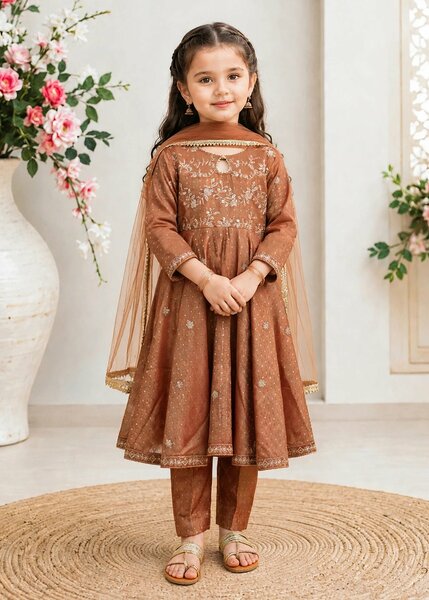 Modest Girls RTW Embroidered Cotton Lawn 3 Piece Suit Frock 11275-BRN Festive Collection