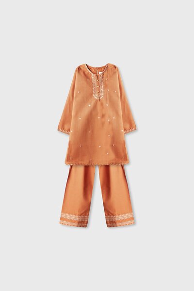 Rust Artisan Embroidered Kurta Shalwar - 2pc