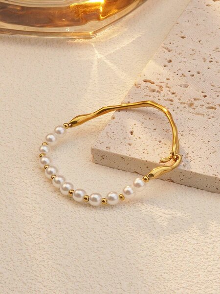 Shein - Vcetd 1Pc Elegant Vintage Style Stainless Steel Bead Decor Bracelet