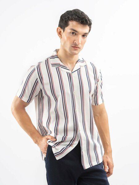 Brumano Mens RTW Solids Cotton Shirt Beige N Red Cuban Collar Casual Collection