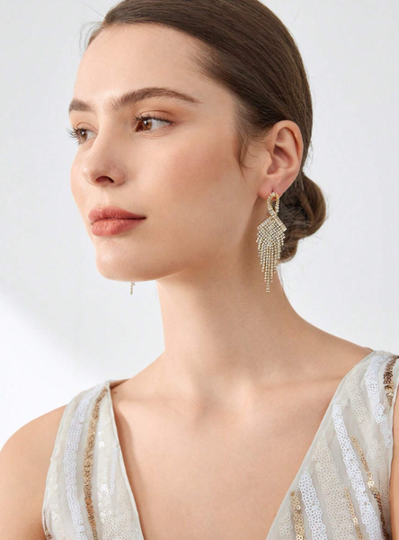 Shein - Motf Premium 18K Gold Plated Zirconia Inlaid Tassel & Rhinestone Elegant Earrings