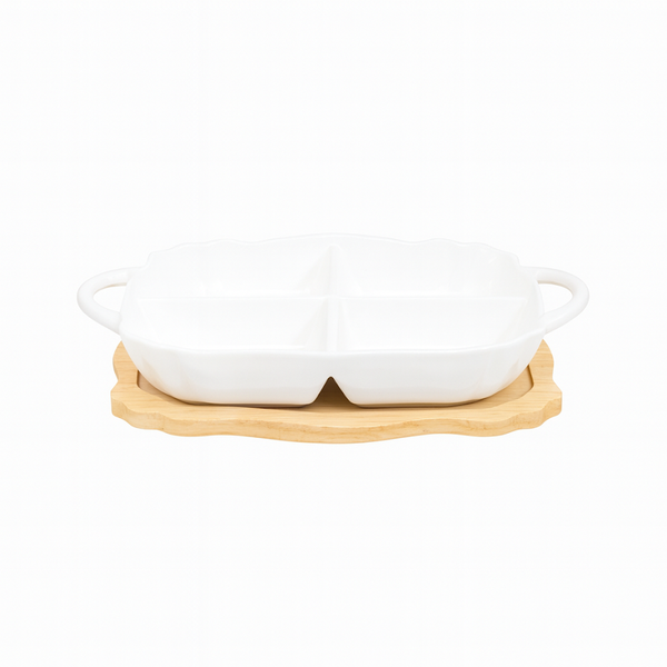 Stylish 4-Portion Serving Dish with Wooden Base
