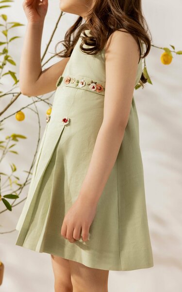 Olive groves | Cotton chambray frock with pleats and floral embroidered belt