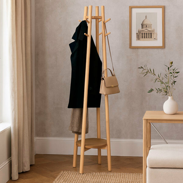 Wooden Coat Tree – Modern Standing Coat & Hat Rack with Storage Shelf