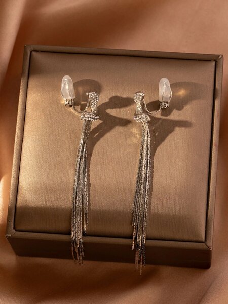 Shein - 1Pair Silver Long Tassel & Rhinestone Decor Clip-On Earrings