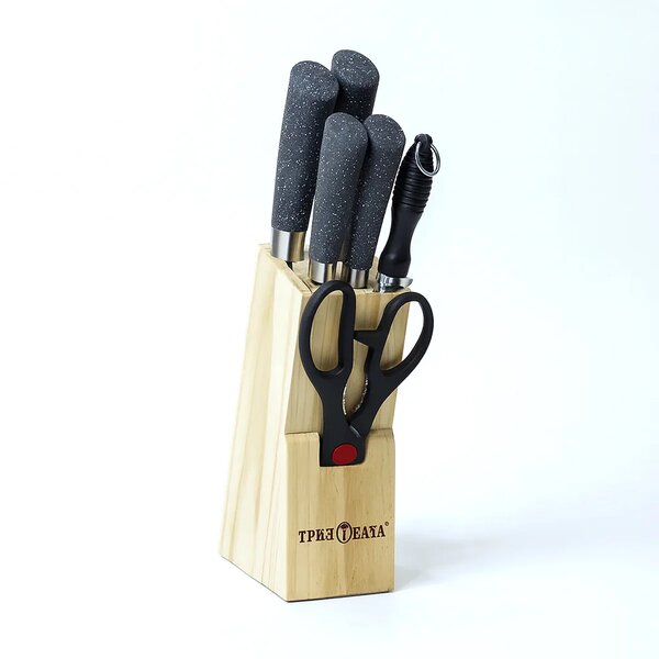 7 Pcs Stainless Steel Knife Set with Wooden Block – Black Speckled Handle Kitchen Knives & Scissors