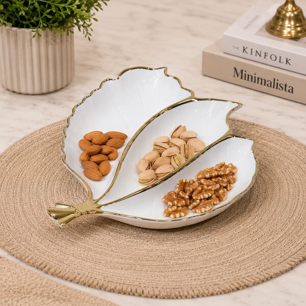 Elegant White & Gold Triple Leaf Shaped Divided Dry Fruit Serving Plate for Nuts, Snacks, Candies & Festive Table Décor