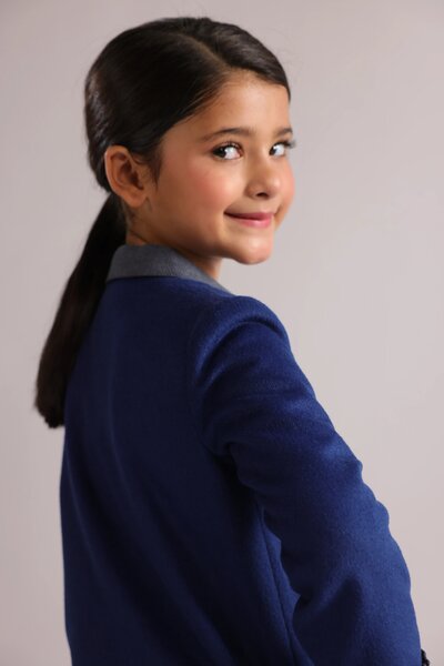 Bleuet | Girls' Blue Jacket and Pleated Skirt Set, Contrast Collar