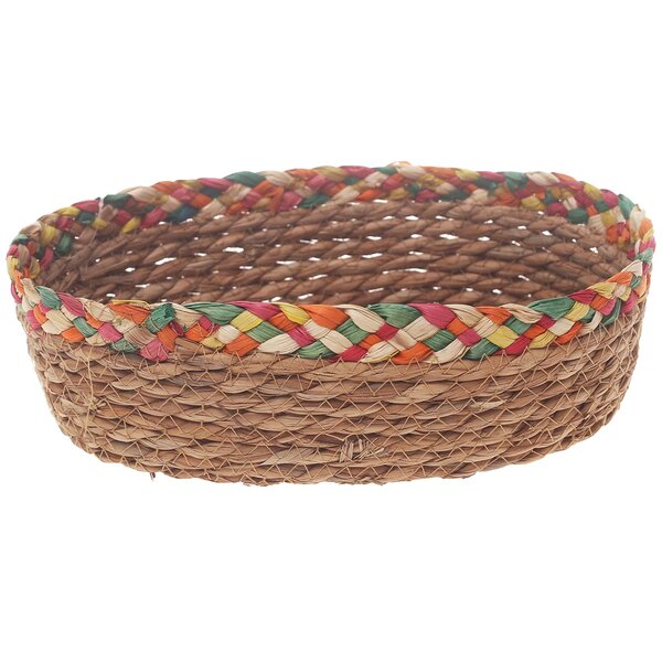 Handwoven Round Brown Basket with Multicolor Braided Rim – Medium Natural Fiber Storage Organizer