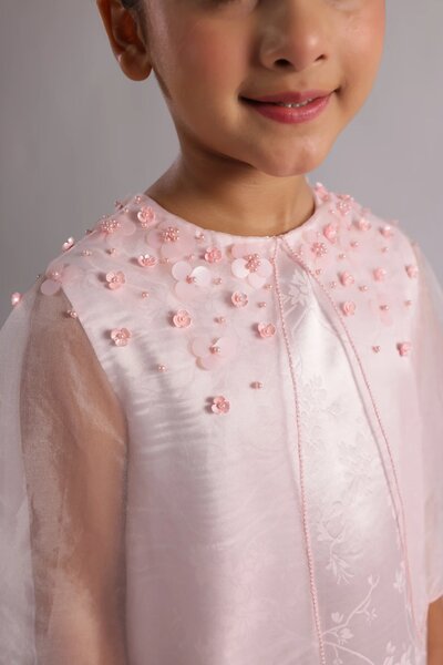 Fiore | Girls' pink occasion dress with scalloped organza cape and floral embellishment