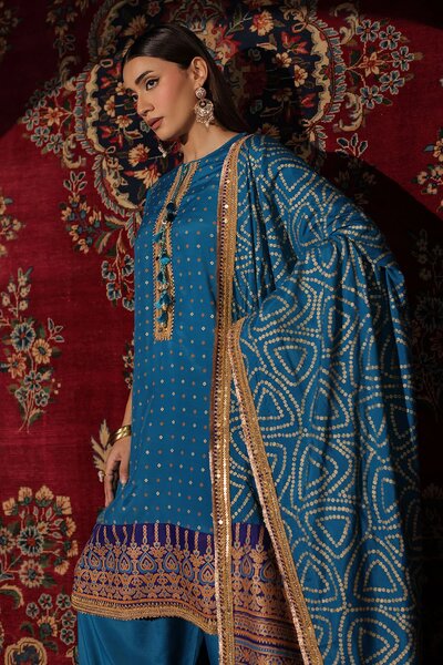 3 Piece Embroidered Raw Silk Suit