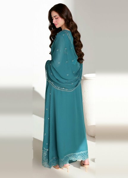 Ensembles by Azure Unstitched Embroidered Chiffon 3 Piece Suit AZ26UEF Teal Affair - Festive Collection