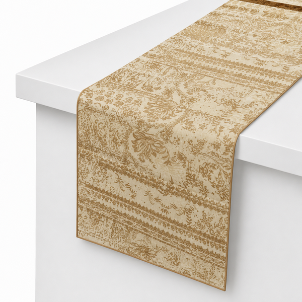 Ecru Gold Screen Print Table Runner – Row Silk Print – 14 x 45 Inches