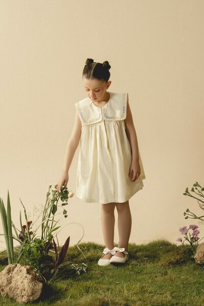 Cecile | Cream pleated dress with hand-embroidered collar