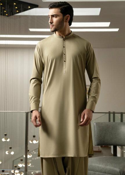 Stylish Garments Mens RTW Embroidered Wash N Wear Kurta Shalwar Suit Fawn Casual Collection