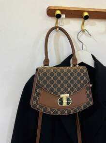 Shein - Fashion Flap Geometric Pattern Vintage Print Handbag Brown