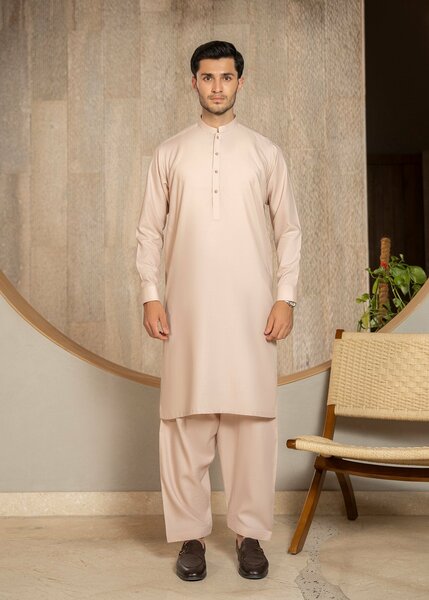 Buraq Men RTW Solids Wash N Wear Kurta Shalwar Suit Pinkish Brown Casual Collection