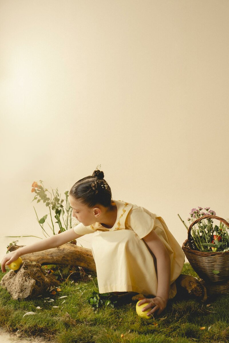 Marigold | Cream cotton blend pleated dress with hand-embroidered collar