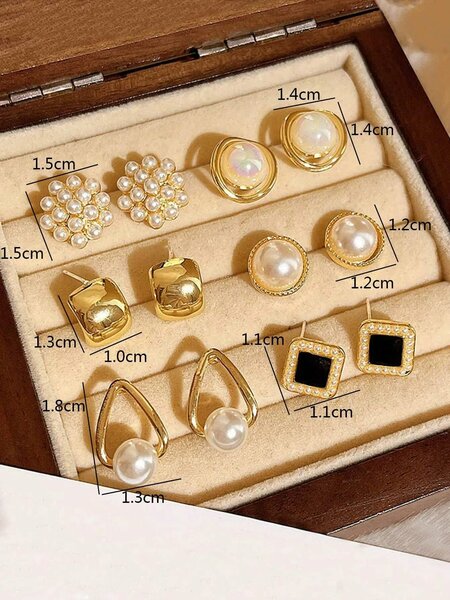Shein - 6pcs/Set Minimalist Small Vintage Faux Pearl Flower Cluster Square & Round Geometric Earring Set