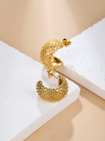 Shein - 1 Pair 18K Gold Plated Stainless Steel Rhombus Grid Stud