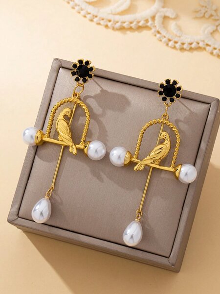 Shein - Fashionable Elegant High-End Pearl Bird Cage Dangle Earrings