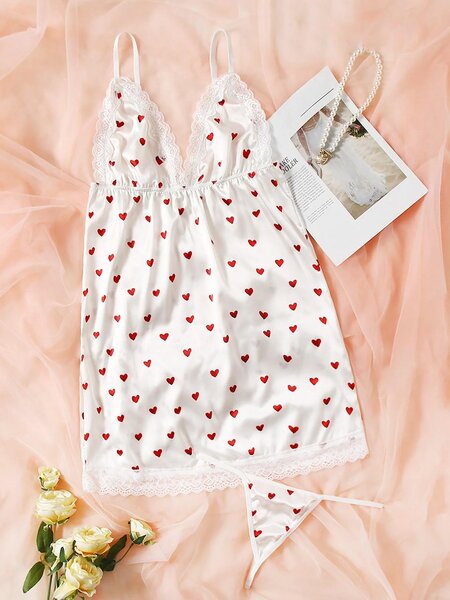 Shein - Heart Print Lace Trim Satin Slips With Thong