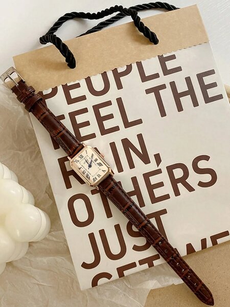 Shein - 1pc Teenager/Student Square Roman Numeral Dial Leather Band Quartz Watch - Brown