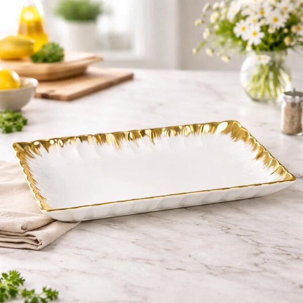 Rect. Plate – Elegant Rectangular Serving Plate with Gold Detail