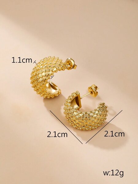 Shein - 1 Pair 18K Gold Plated Stainless Steel Rhombus Grid Stud