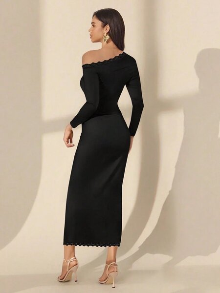 Lace Patchwork Oblique Shoulder Slim Fit Long Dress