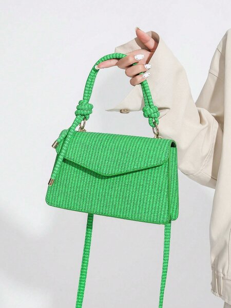 Shein - The New Solid Vintage Knitted Handbag Shoulder Bag Portable Square Bag Green Purse