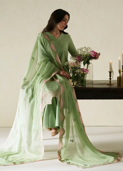 Vera Unstitched Embroidered Raw Silk 3 Piece Suit VR26URF Gajra Mint Green - Festive Collection