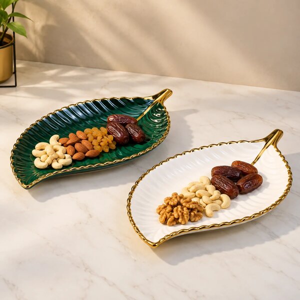 Leaf Shape Platter Single Green & White Decorative Serving Plate