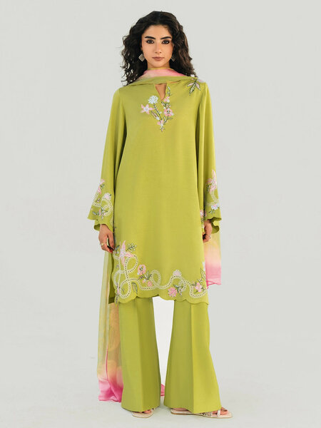OLIVE LIME - 3pcs Khaddi Silk Ensemble