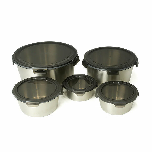5 Pcs Steel Storage Box Set – Brushed Steel with Black Clip-Lock Lids – 400ml to 3500ml